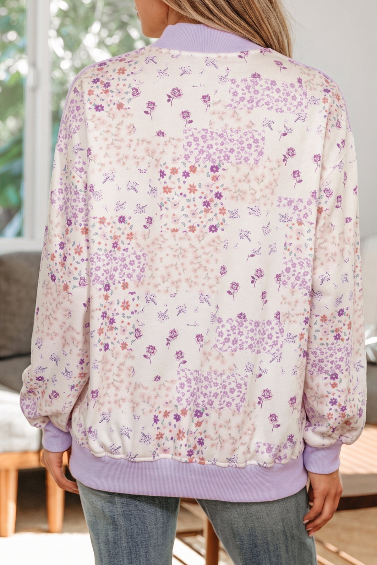 Purple Floral Print High Neck Sweatshirt