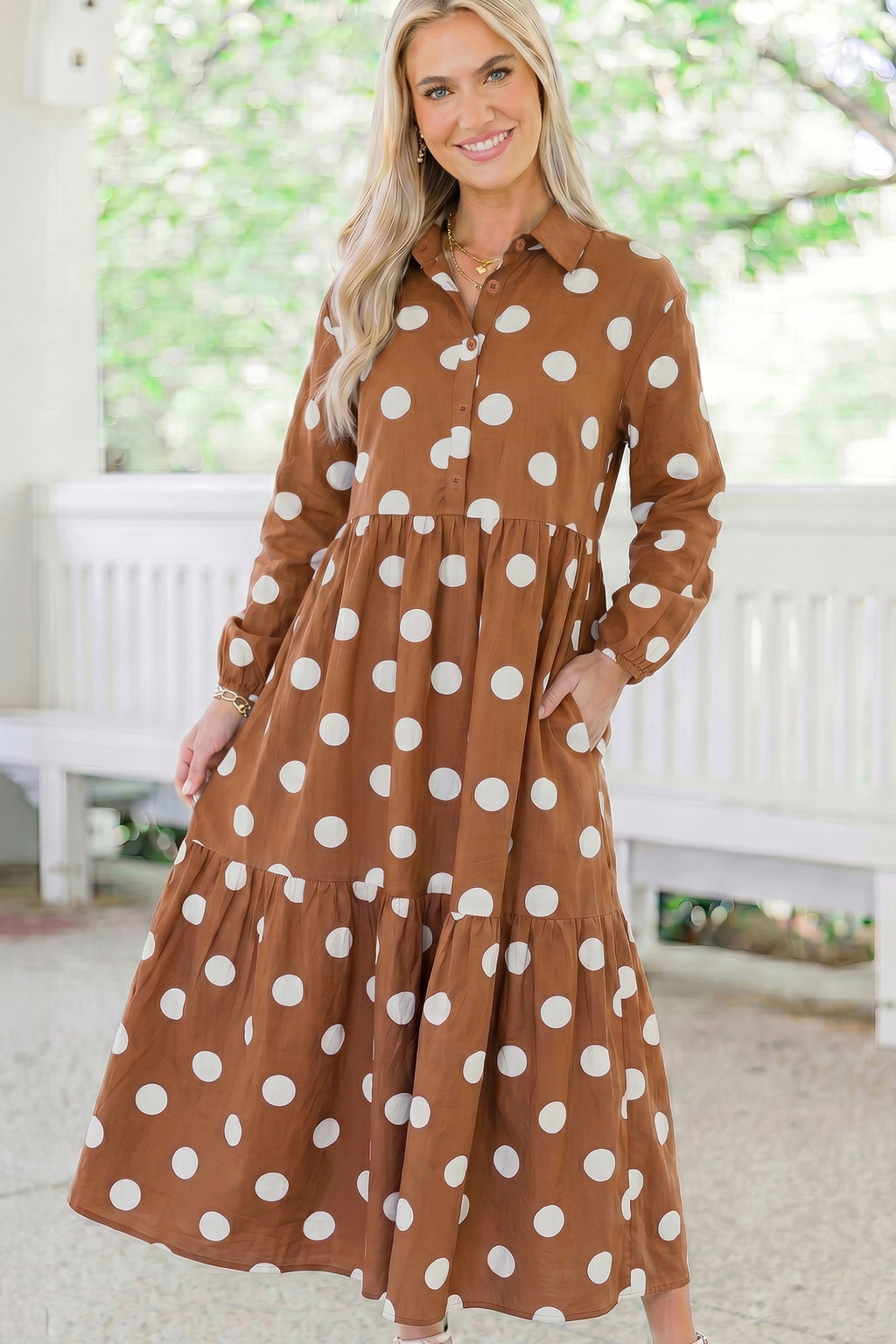 Polka Dot Button Front Long Sleeve Shift Dress with Pockets (2 Colors Available)