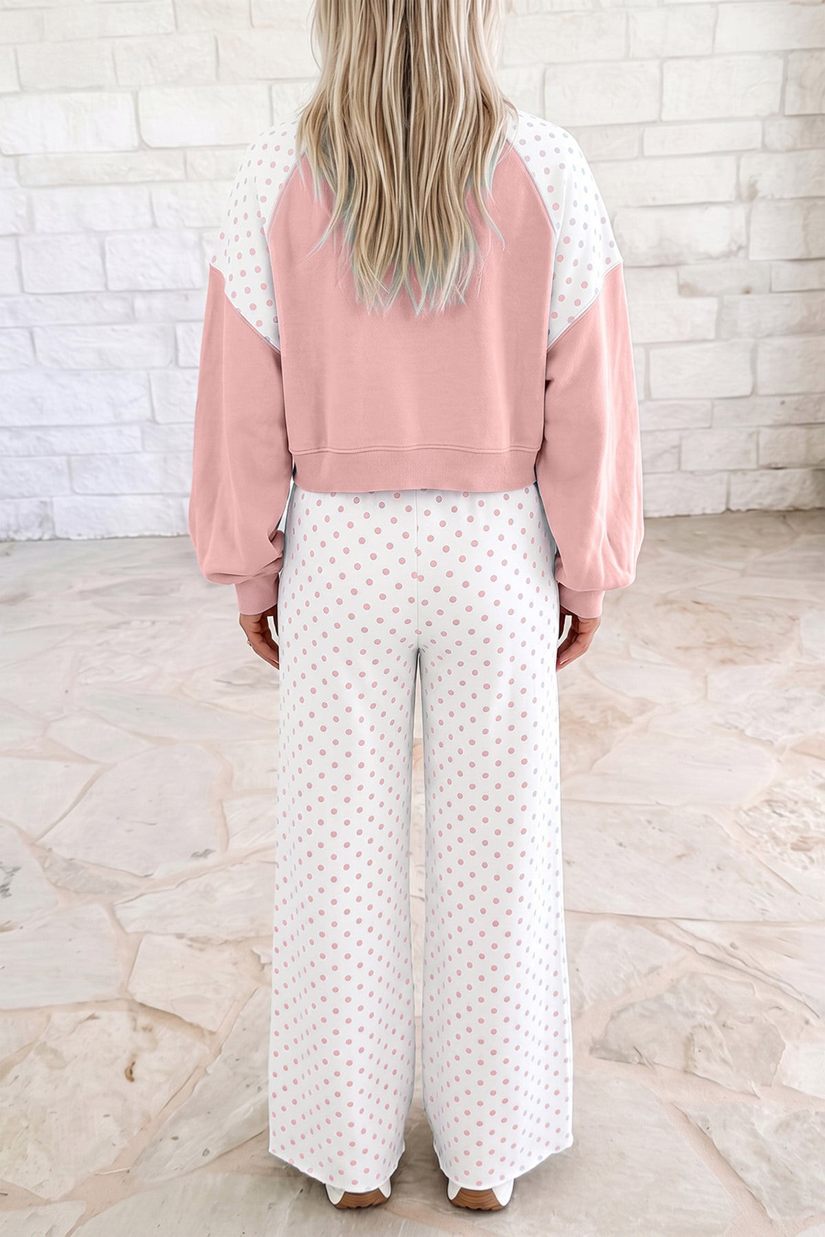 Polka Dot Patchwork Colorblock Long Sleeve Pant Set (4 Colors Available)