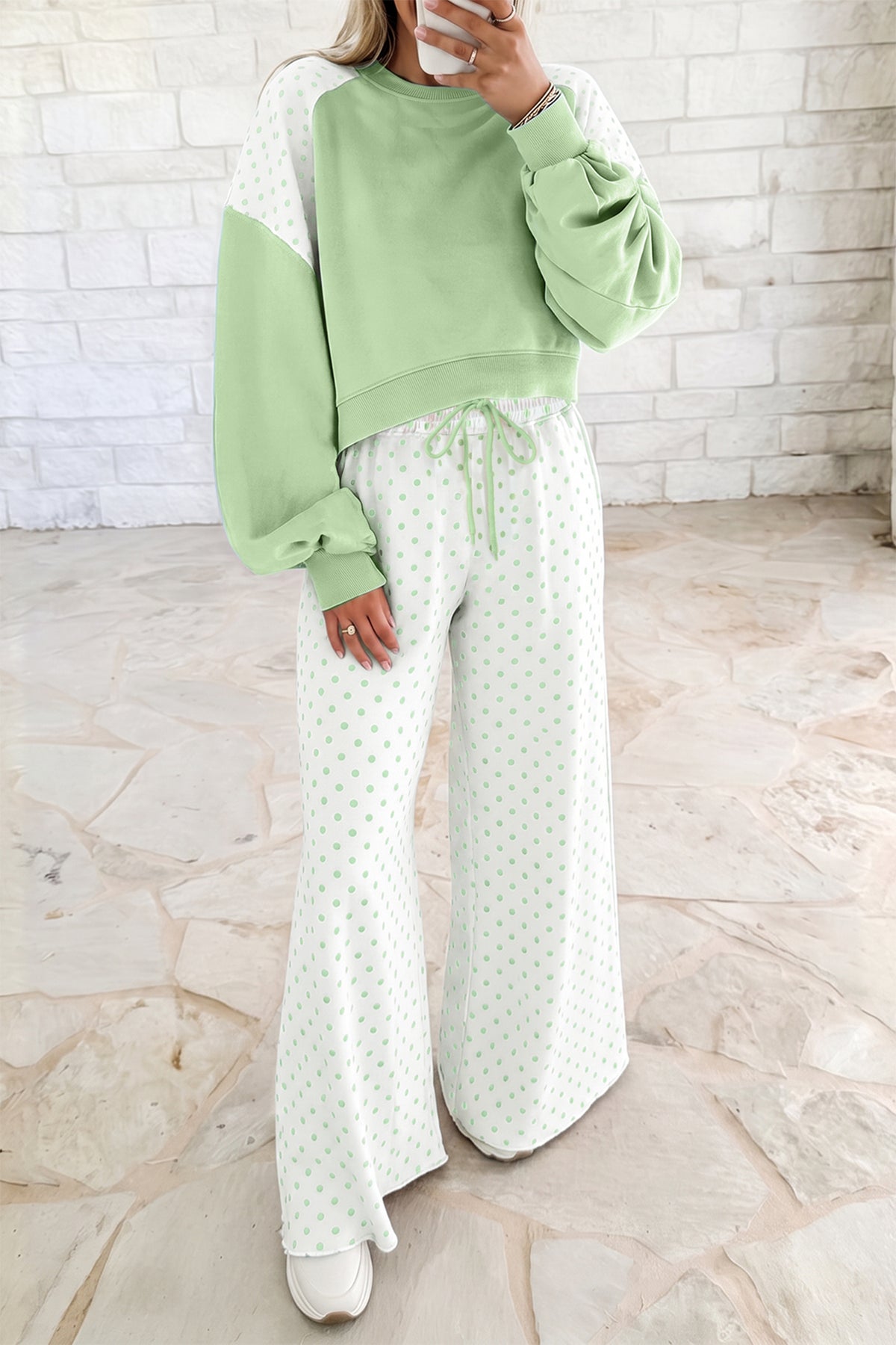 Polka Dot Patchwork Colorblock Long Sleeve Pant Set (4 Colors Available)