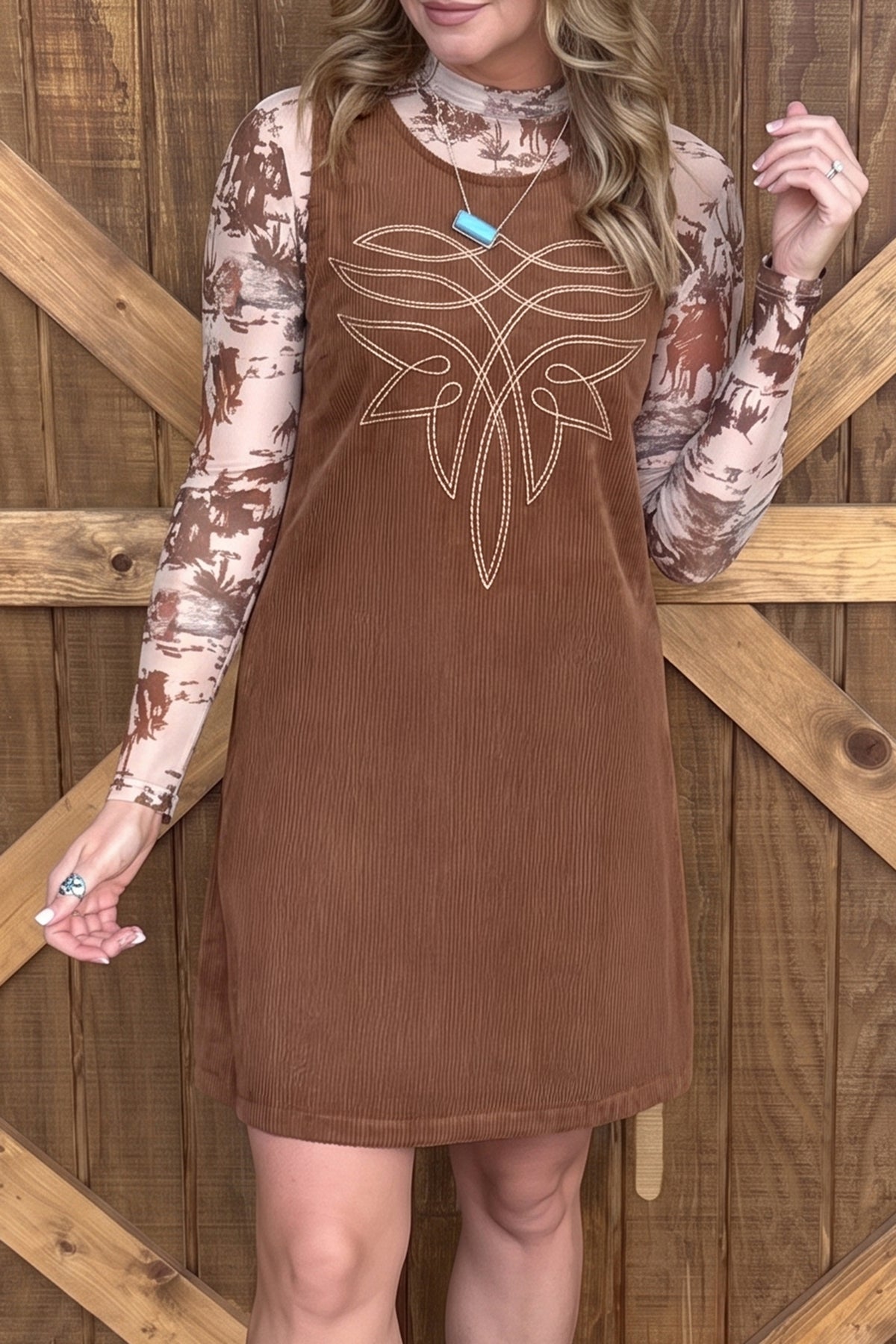 Western Embroidered Corduroy Dress