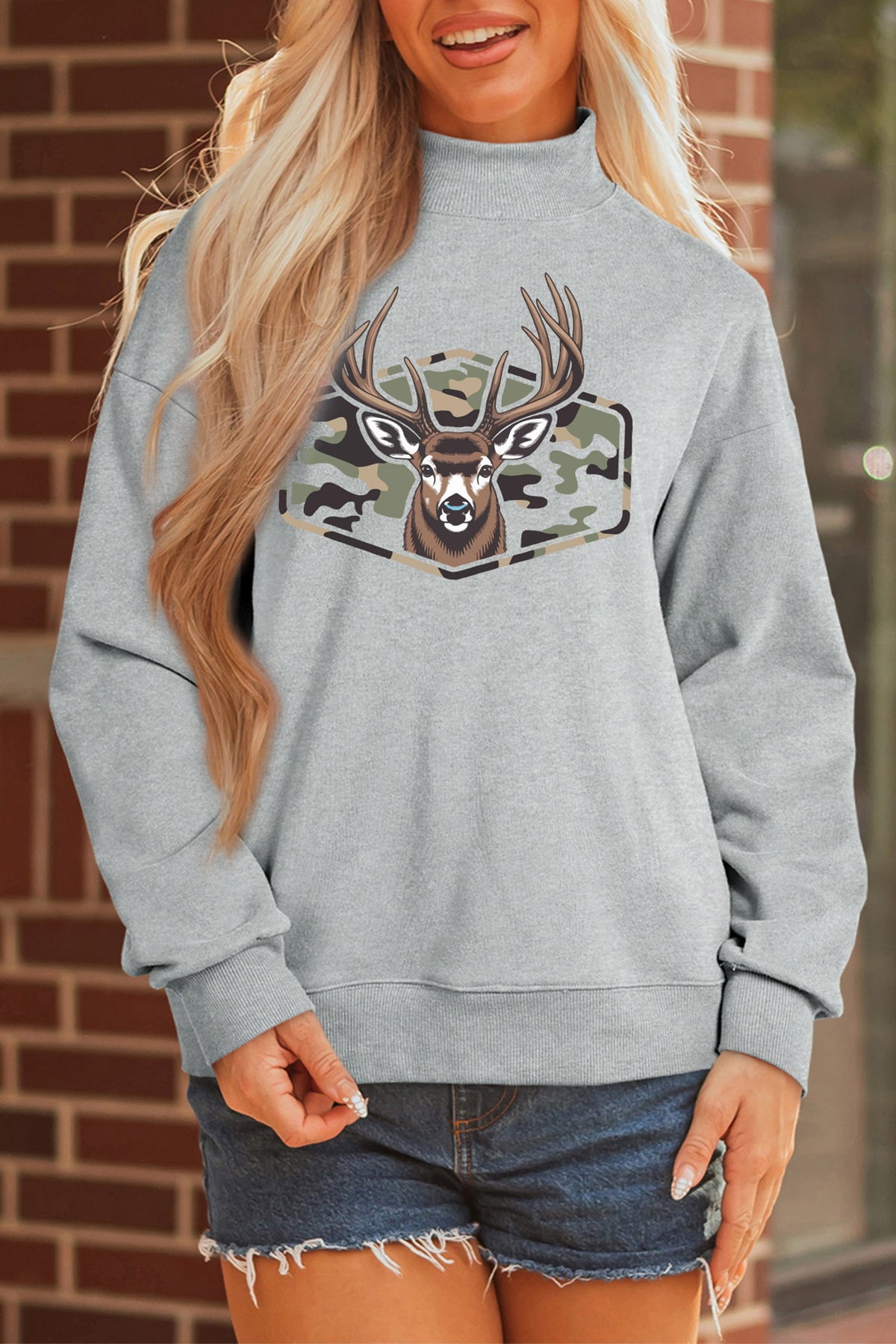 Oversize Camouflage Deer Mock Neck Sweatshirt