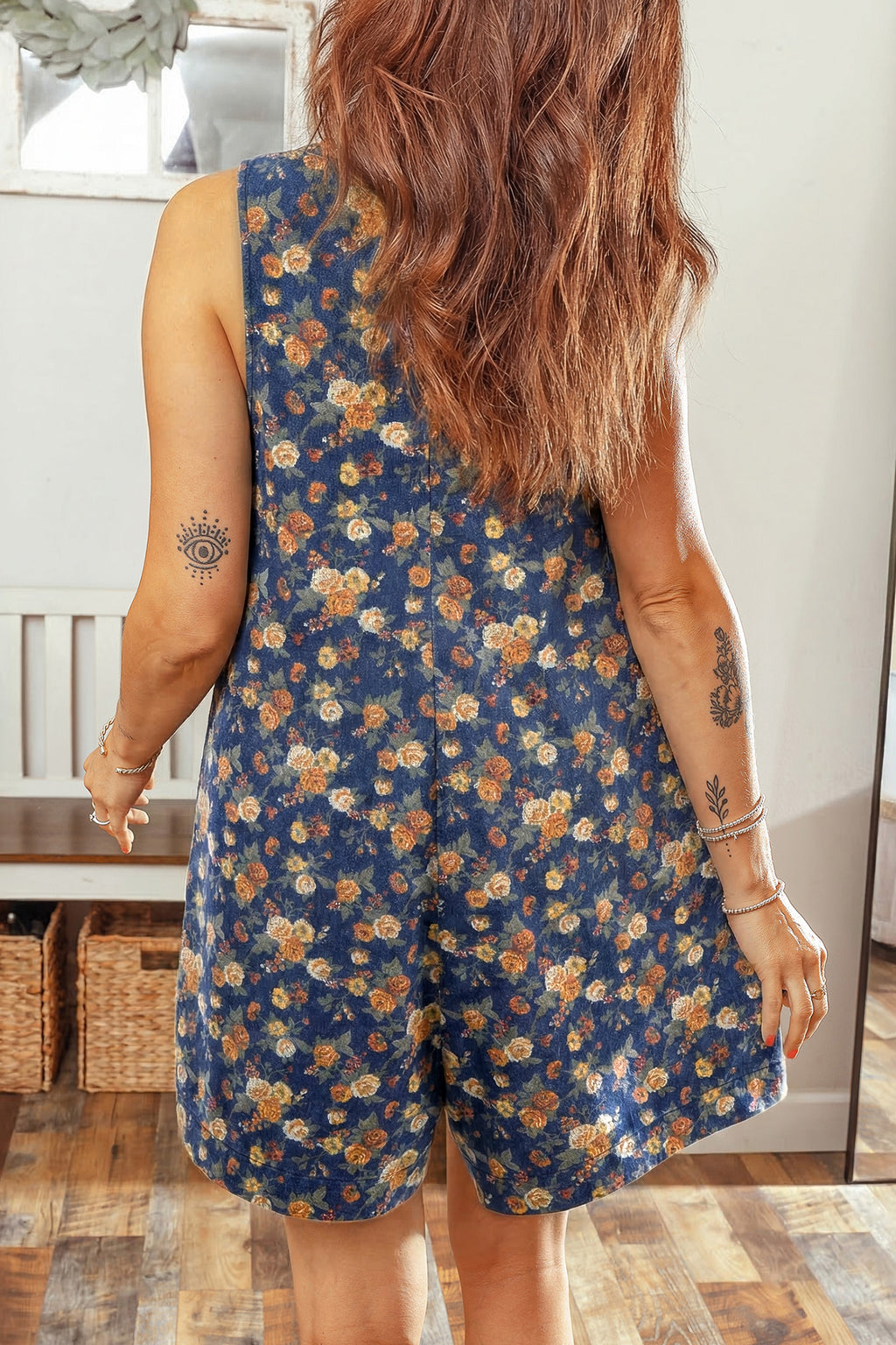 Floral Print Bow Tie V Neck Pleated Denim Romper