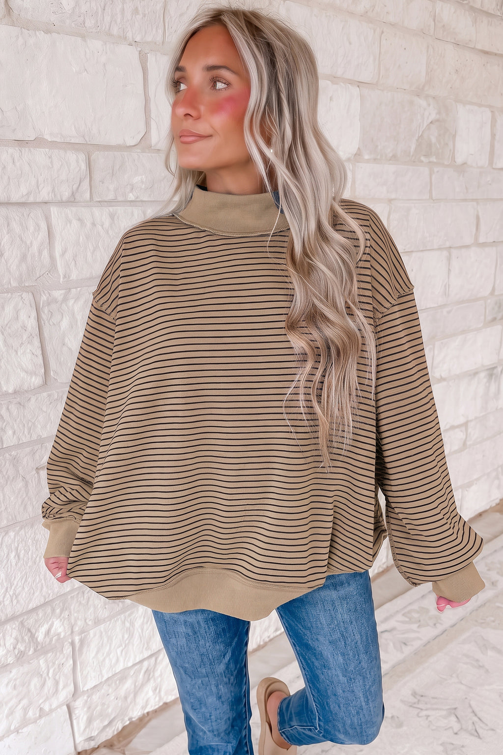 Striped Mock Neck Sweatshirt (4 Colors Available)