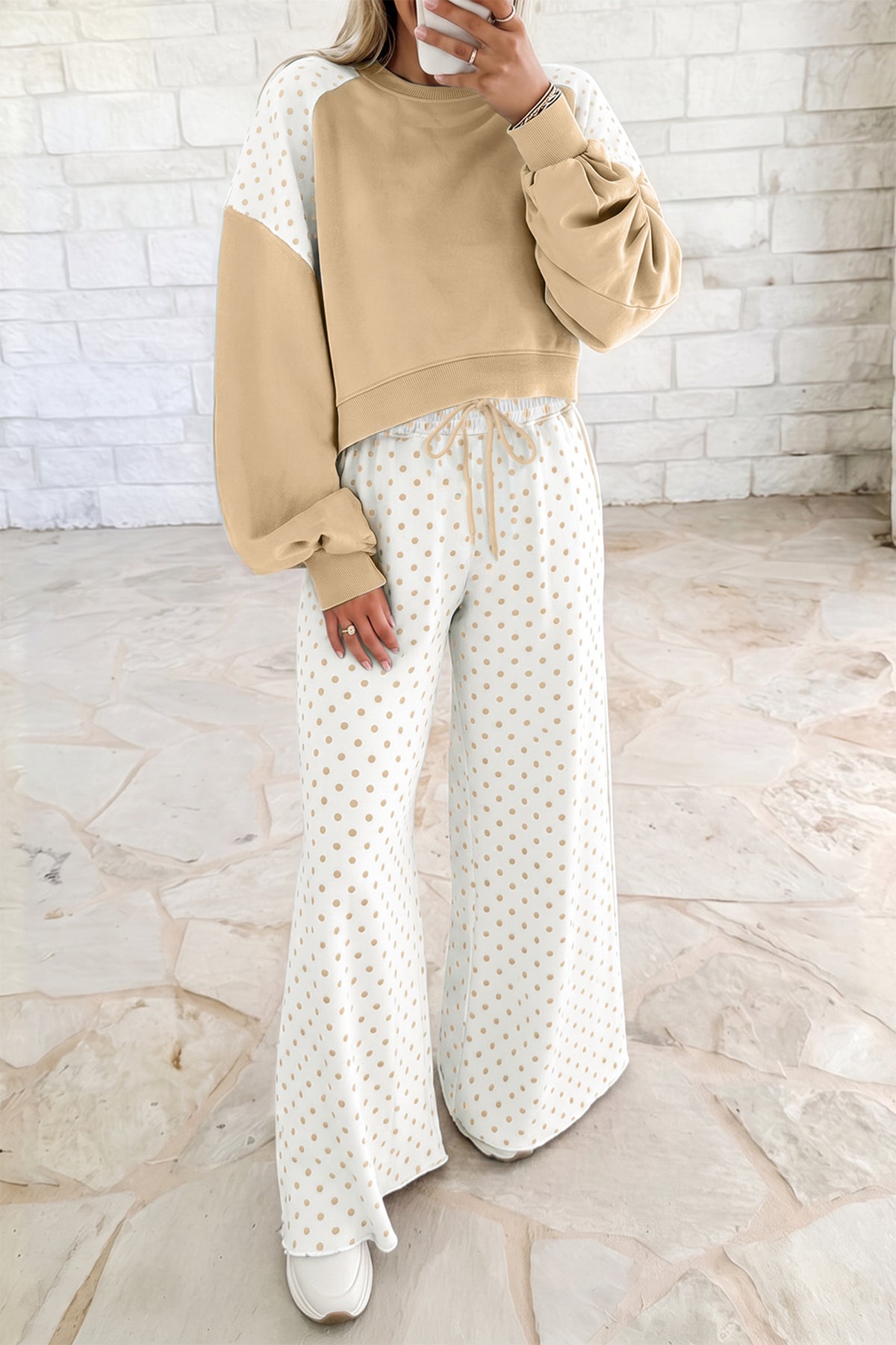 Polka Dot Patchwork Colorblock Long Sleeve Pant Set (4 Colors Available)