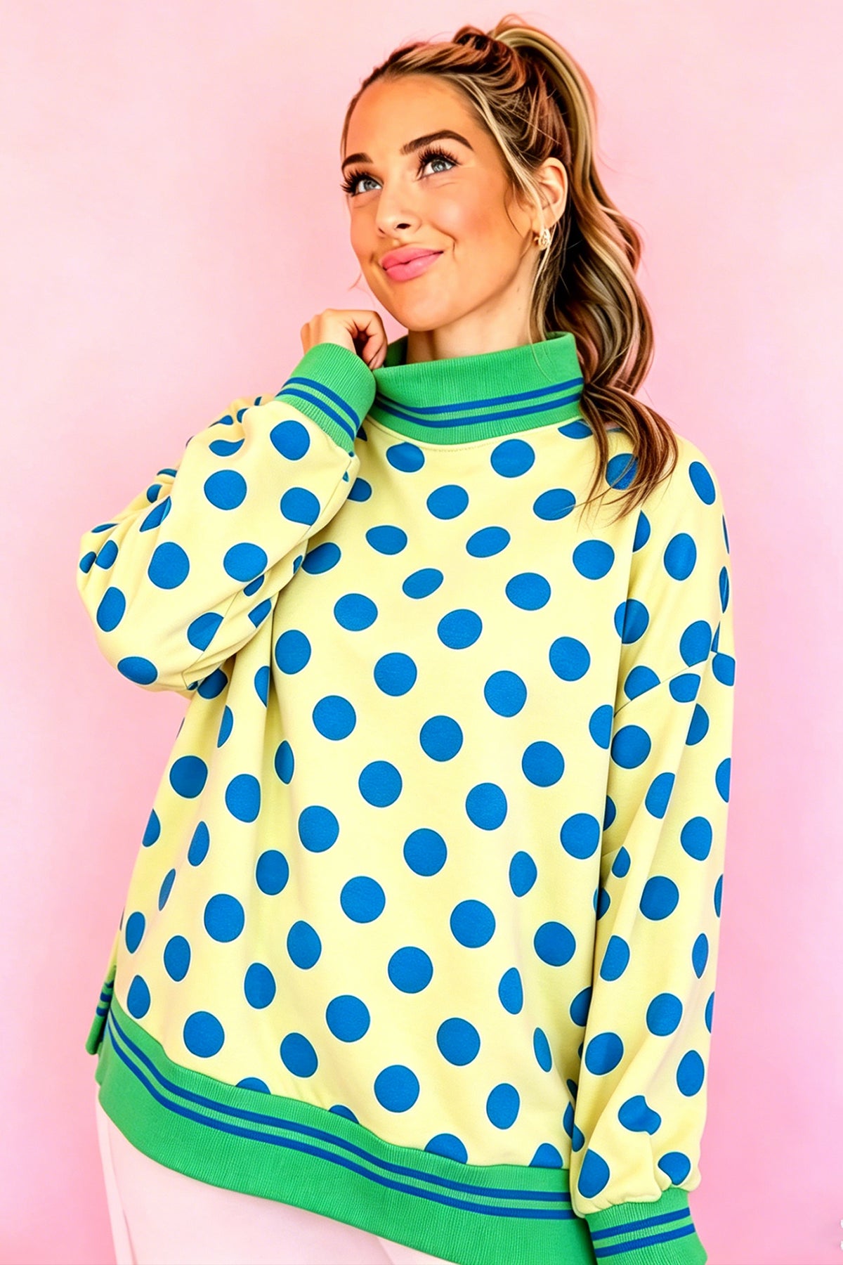 Polka Dot Striped Trim Mock Neck Sweatshirt (3 Colors Available)