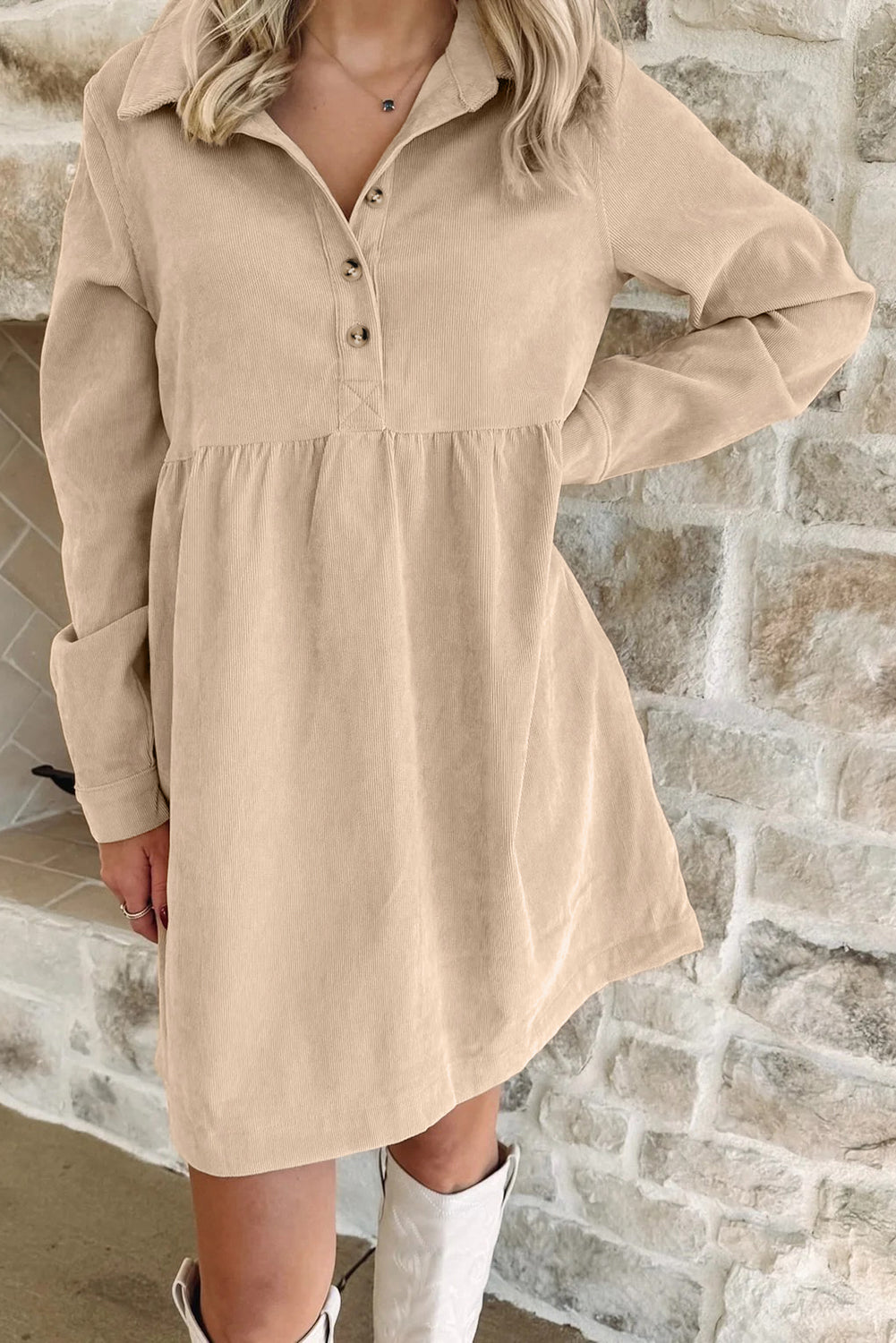 Corduroy Half Button Collard Mini Dress (3 Colors Available)