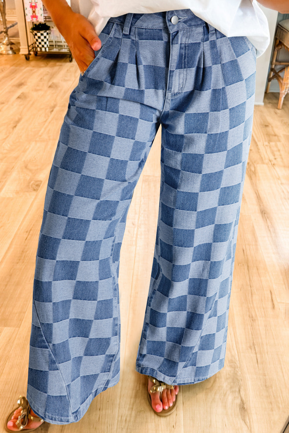 Checkered Denim Wide Leg Jeans (2 Colors Available)