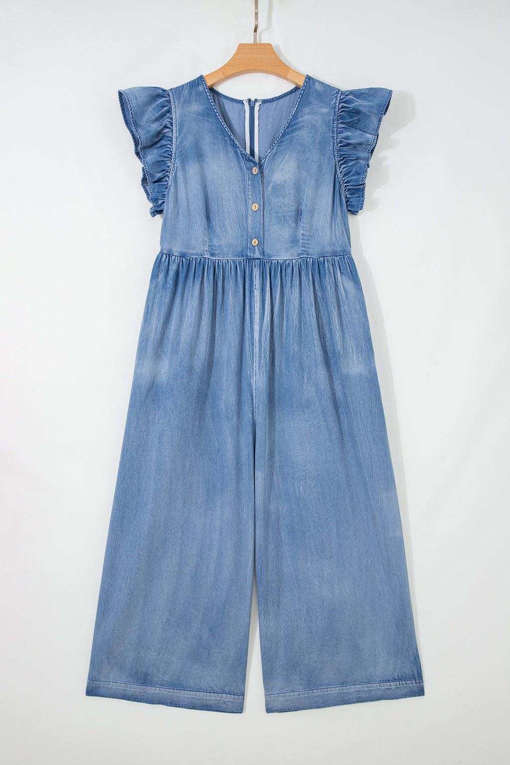 Ruffled Cap Sleeve Wide Leg Denim Jumpsuit