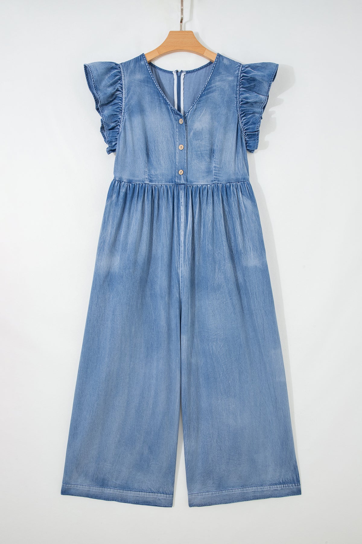 Ruffled Cap Sleeve Wide Leg Denim Jumpsuit