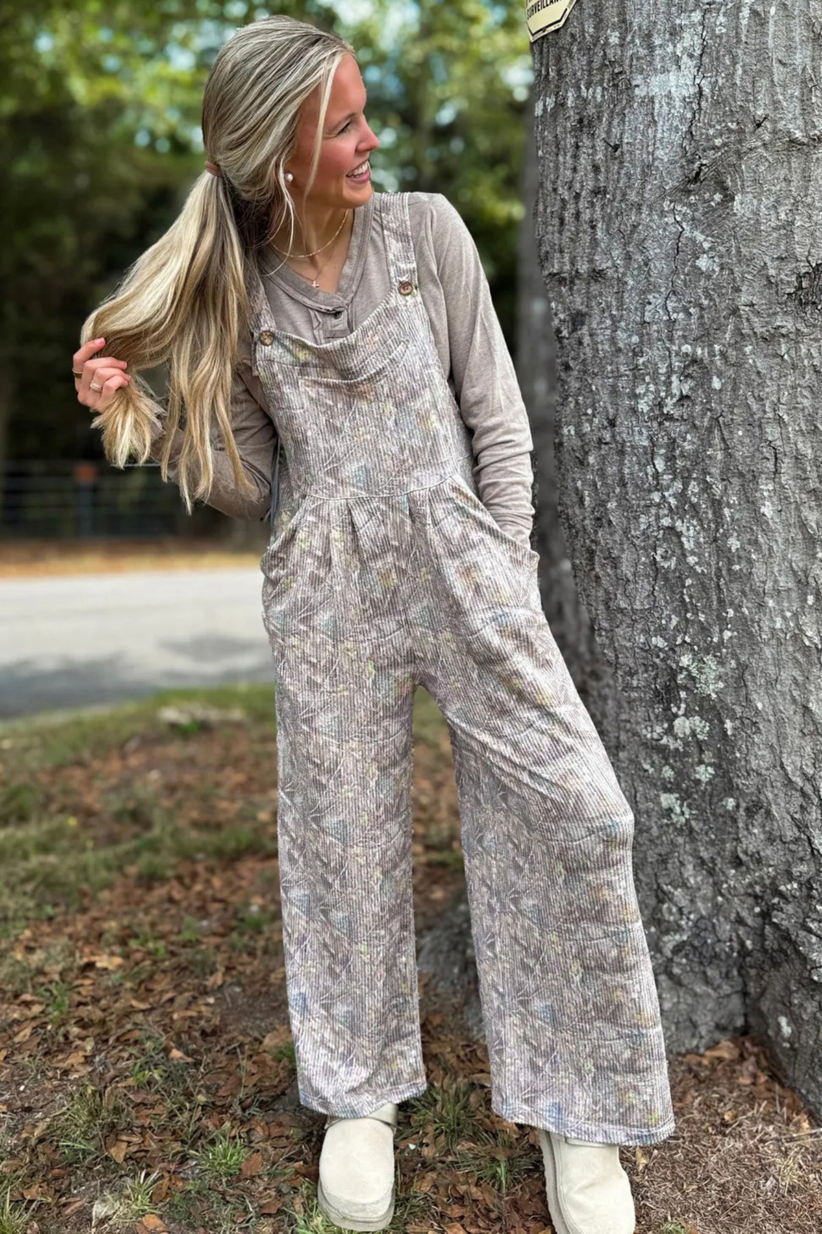 Brown Camouflage Ribbed Full-Length Jumpsuit