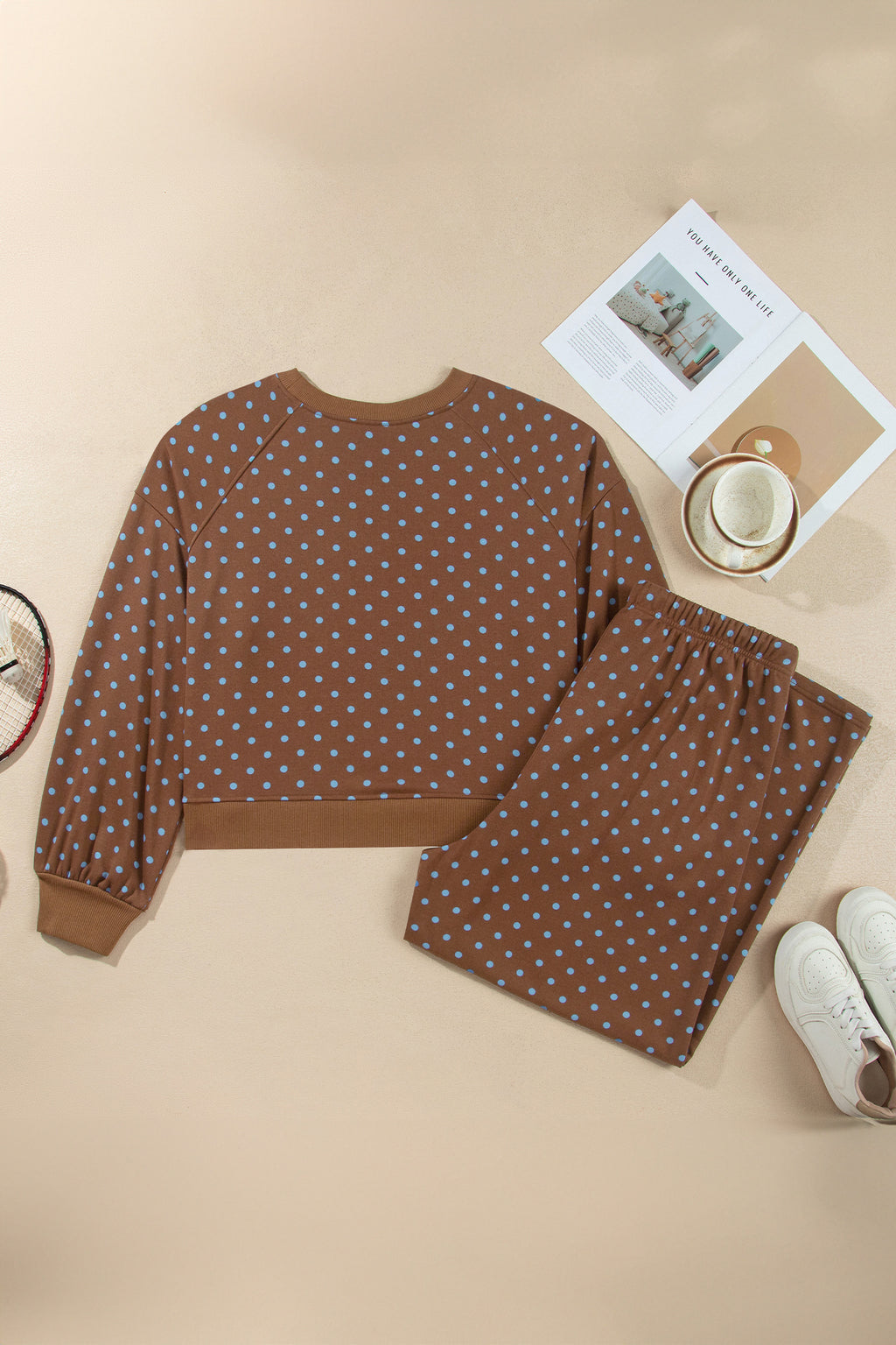 Polka Dot Round Neck Long Sleeve Plus Size Pant Set