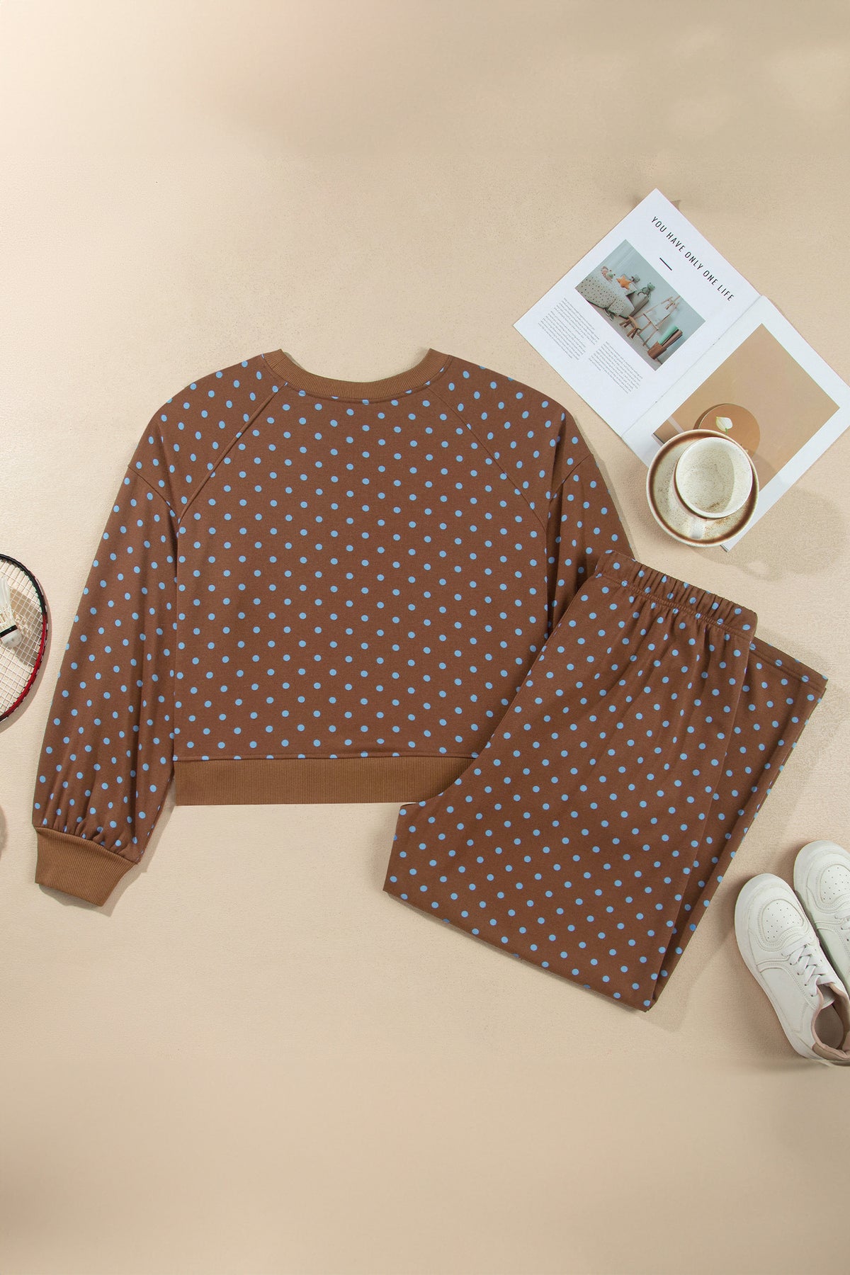 Polka Dot Round Neck Long Sleeve Plus Size Pant Set