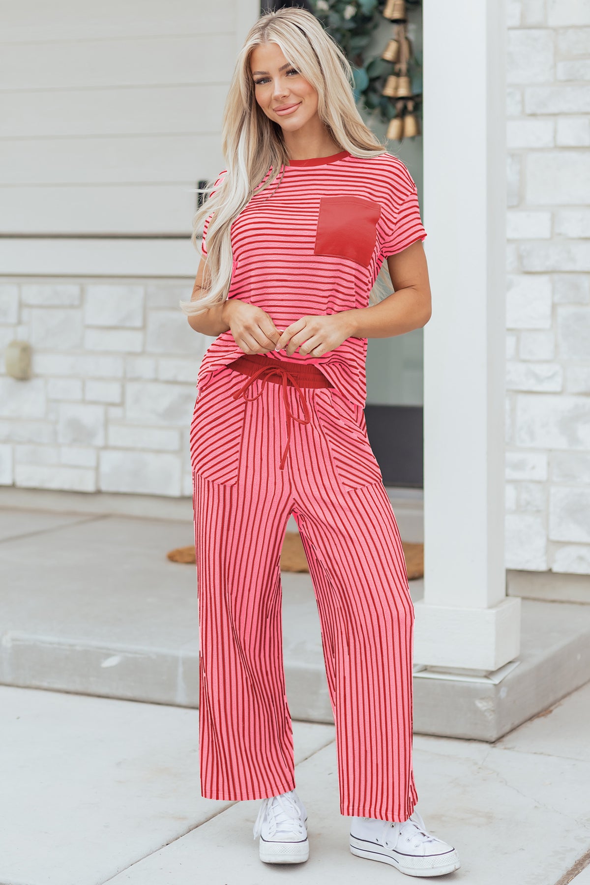 Stripe Crew Neck Tee & Drawstring Waist Cropped Pants Set (4 Colors Available)